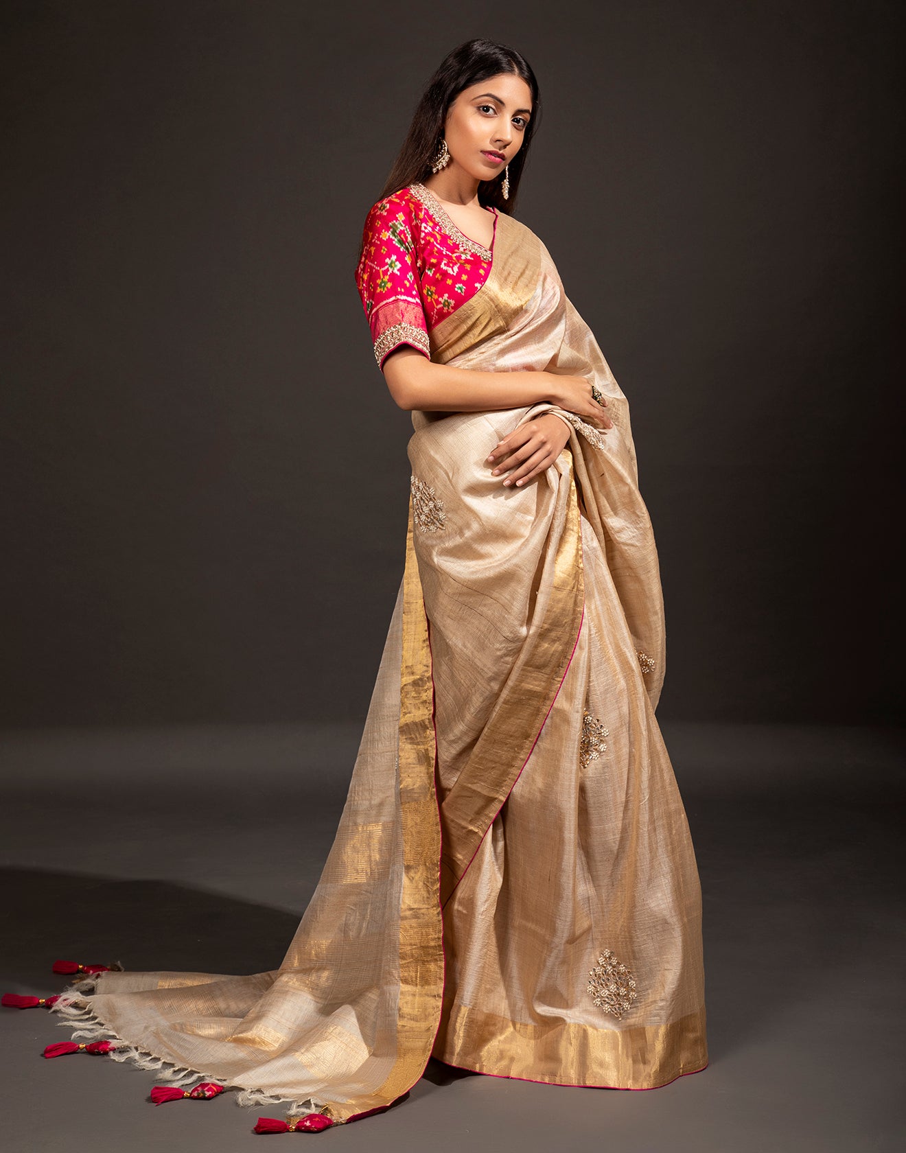 Beige Festive Saree With Contrast Stitched Blouse