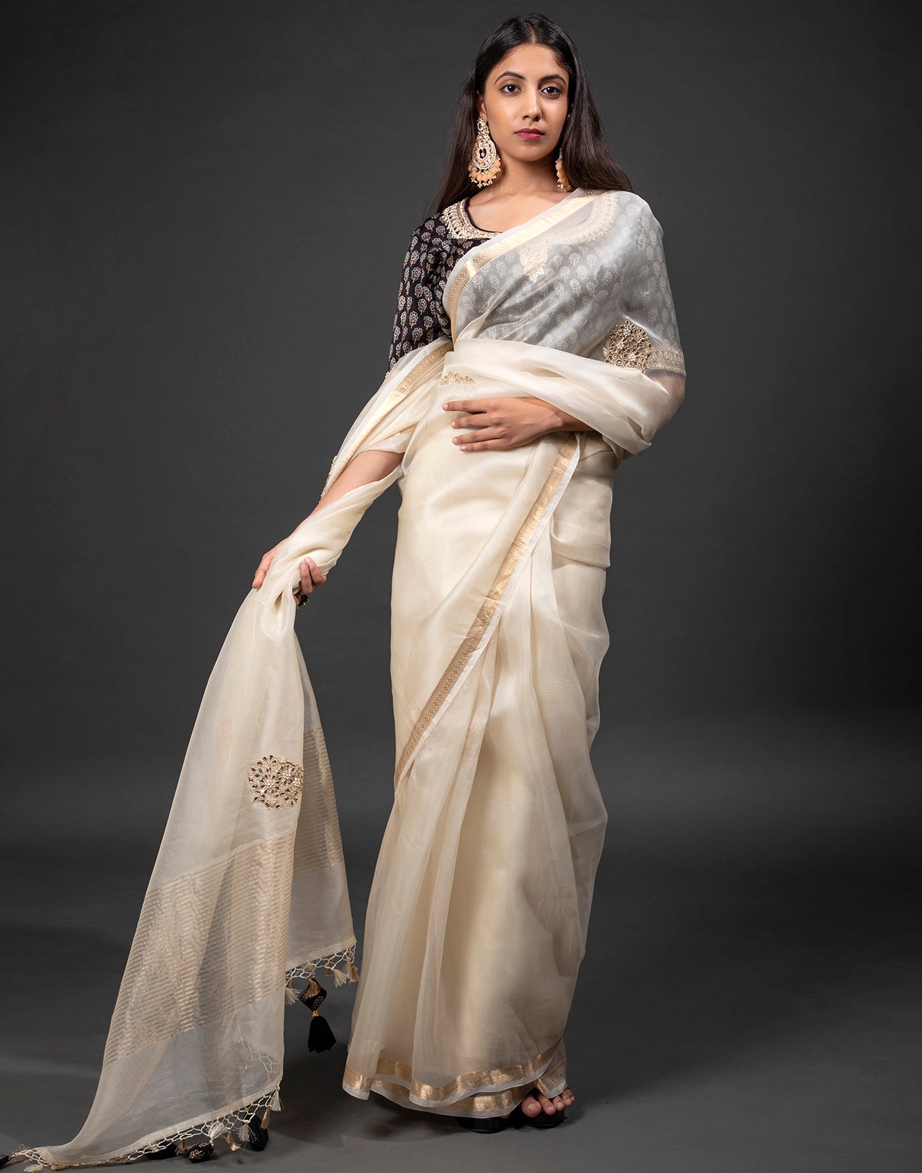 Beige Floral Festive Saree With Stitched Blouse