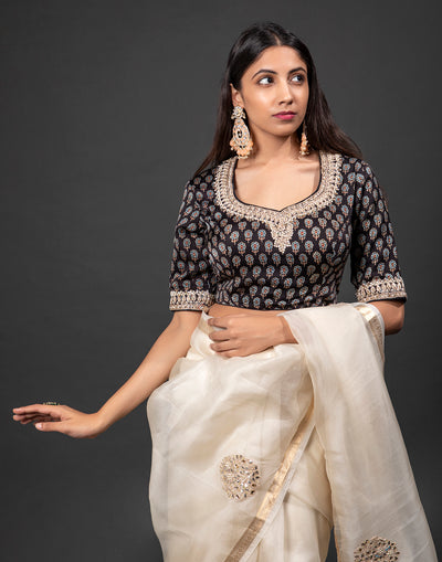 Beige Floral Festive Saree With Stitched Blouse