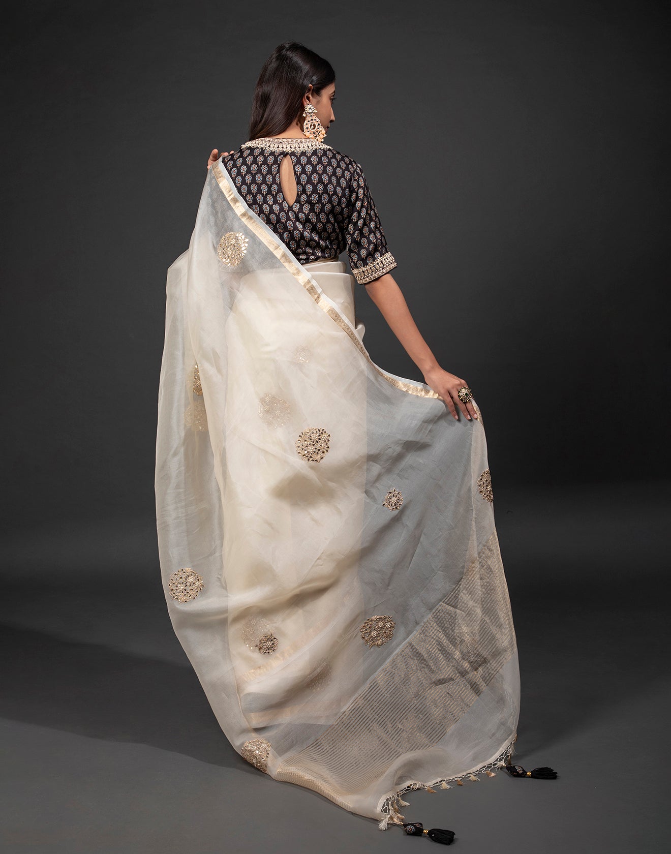 Beige Floral Festive Saree With Stitched Blouse