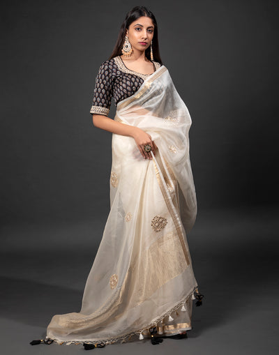 Beige Floral Festive Saree With Stitched Blouse