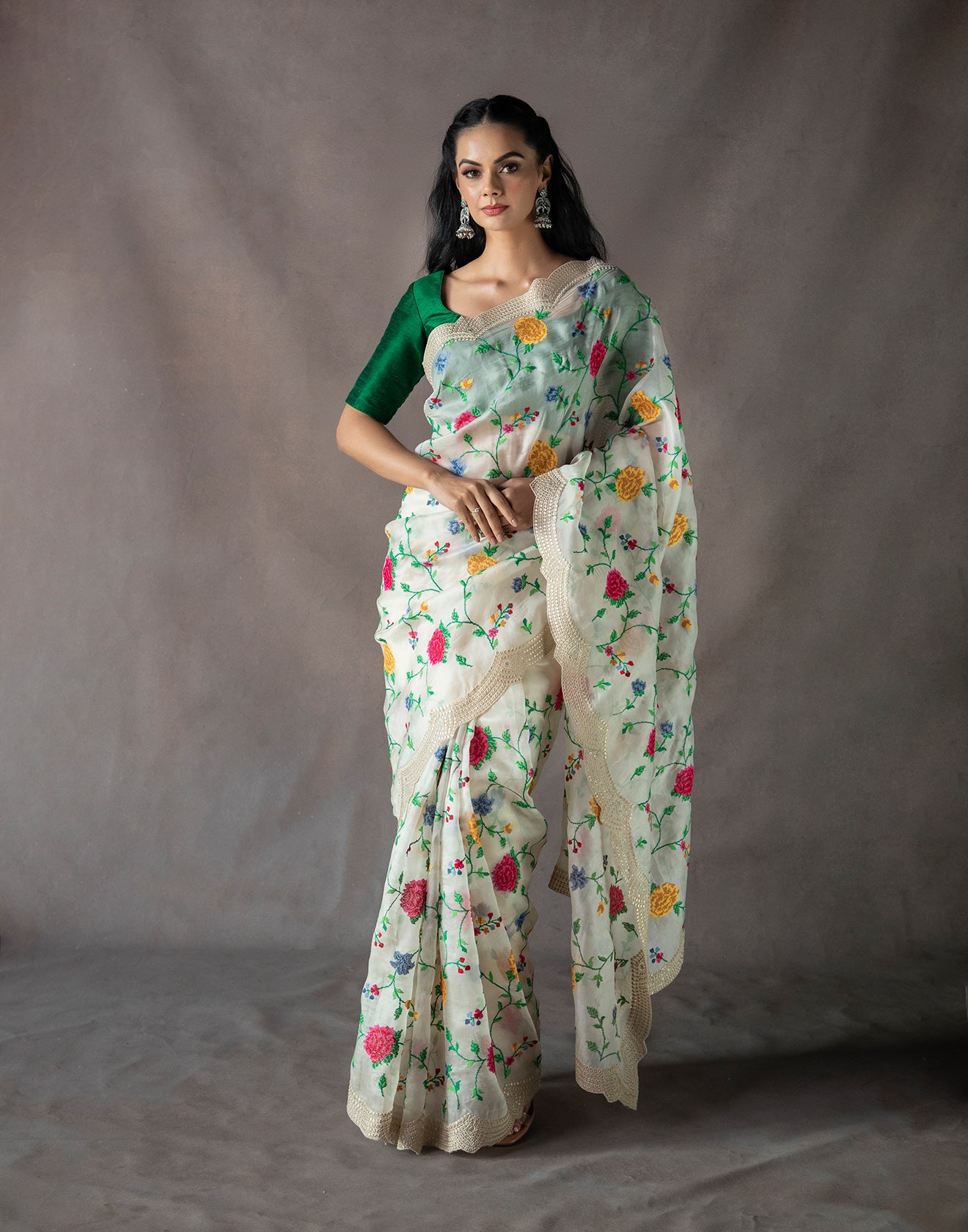 Beige Floral Smooth Embroidered Saree