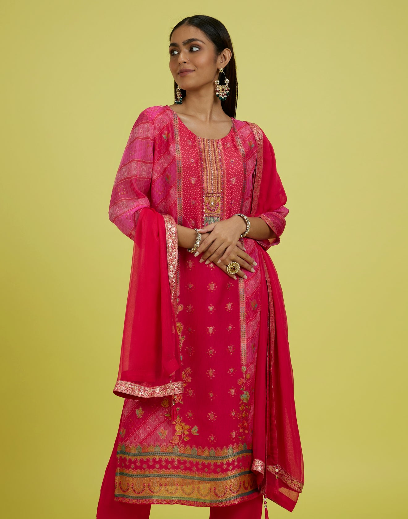 Berry Pink Bandhej Festive Kurta Set