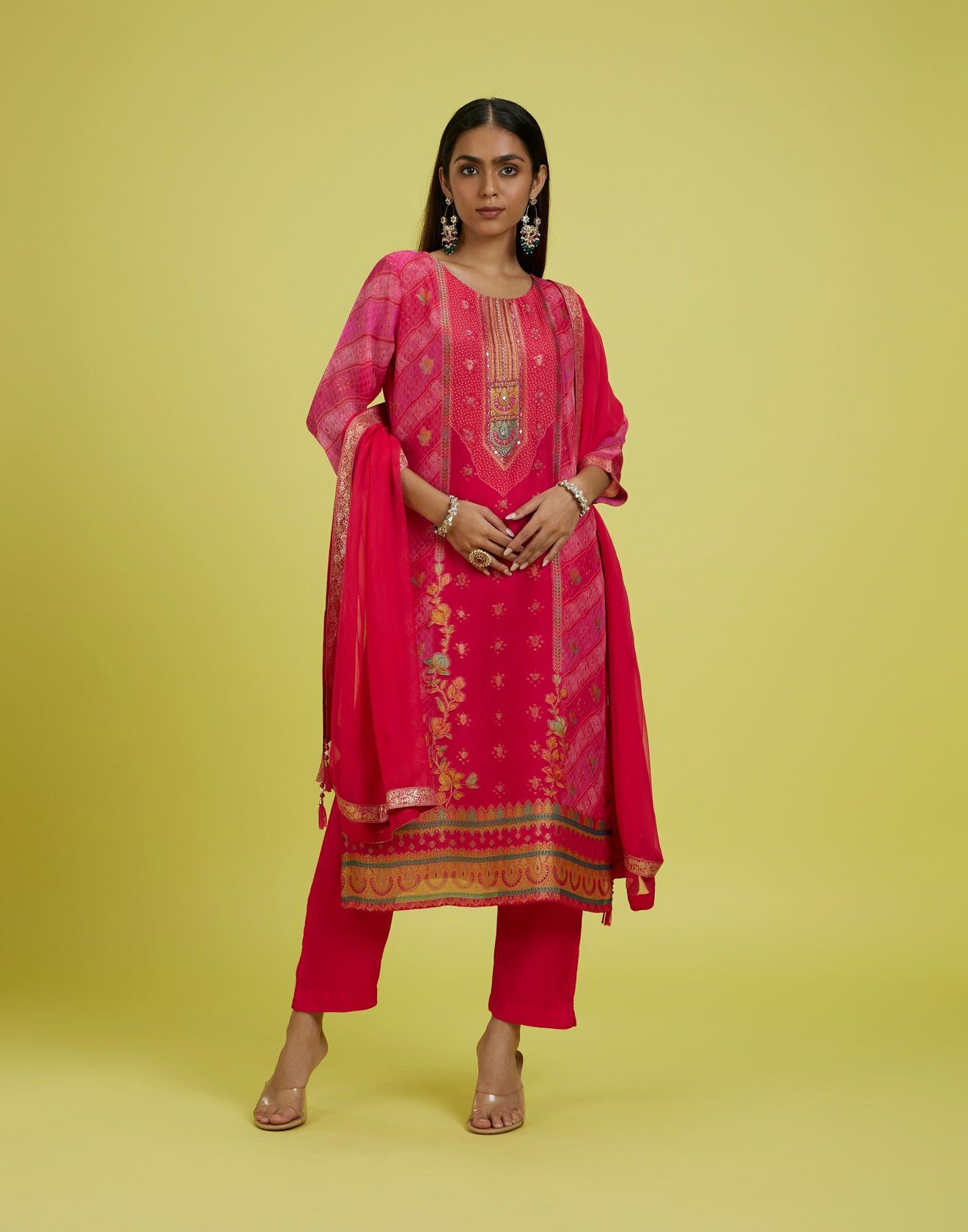 Berry Pink Bandhej Festive Kurta Set