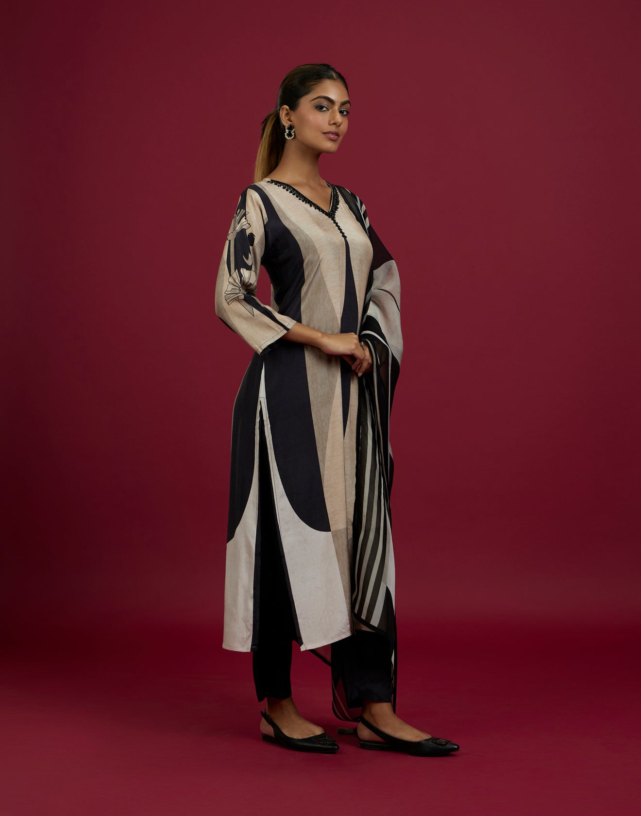 Bisque And Black Abstract Printed Kurta Set