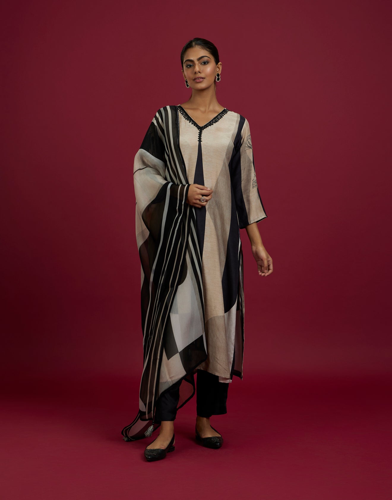 Bisque And Black Abstract Printed Kurta Set