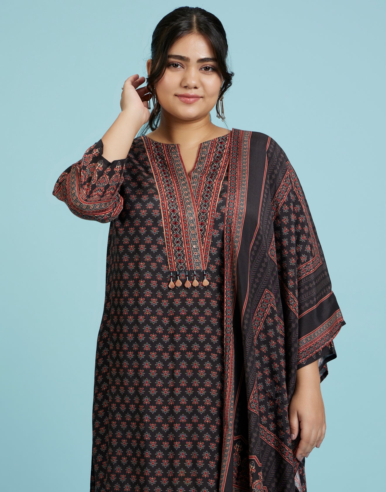 Black And Brick Ethnic Printed Workwear Kurta Set