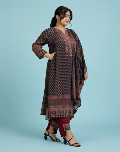 Black And Brick Ethnic Printed Workwear Kurta Set