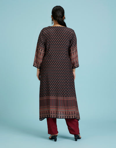 Black And Brick Ethnic Printed Workwear Kurta Set