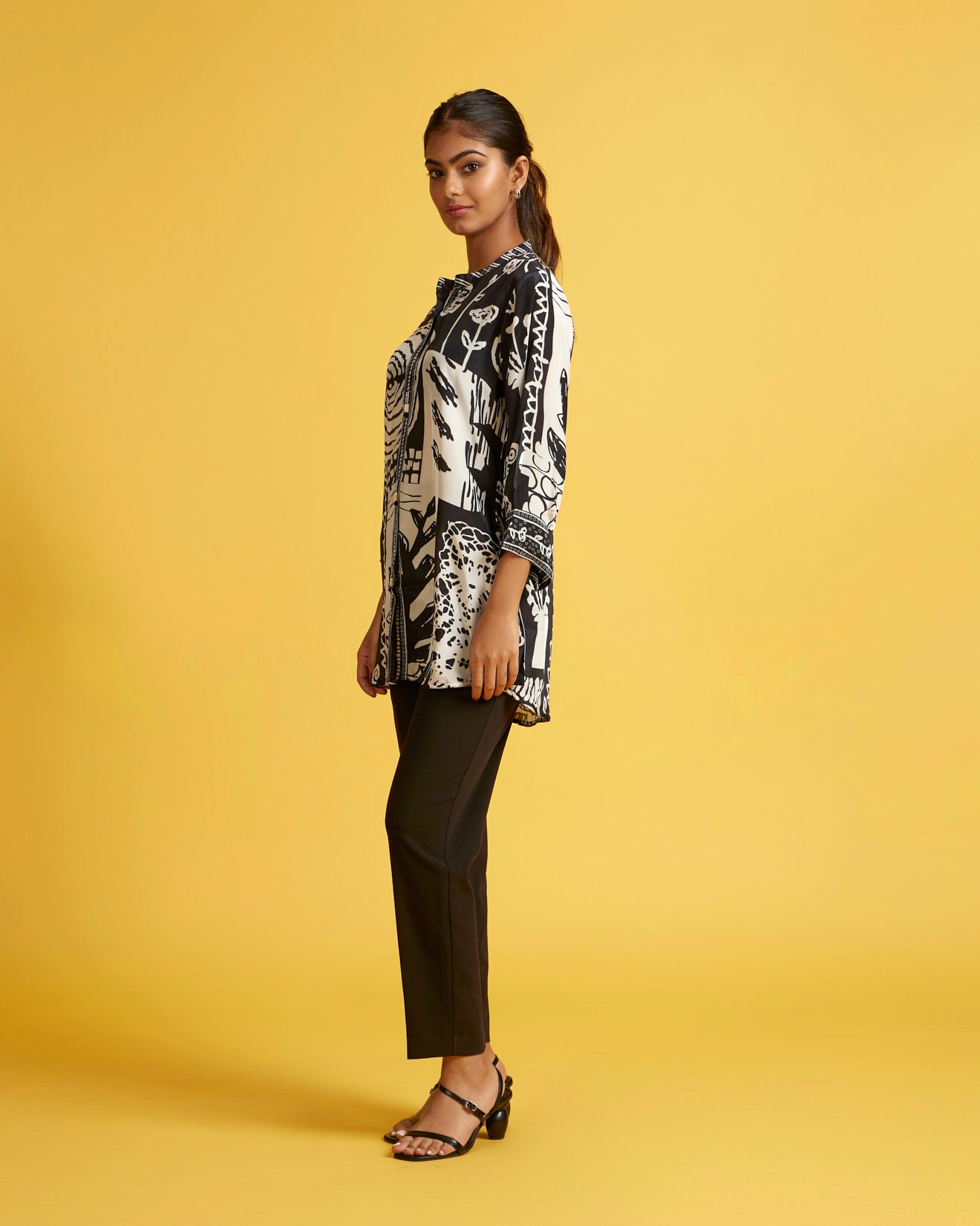 Black And White Abstract Printed Crepe Tunic Top