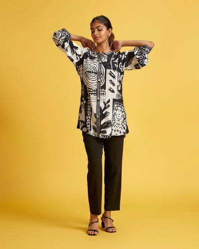 Black And White Abstract Printed Crepe Tunic Top