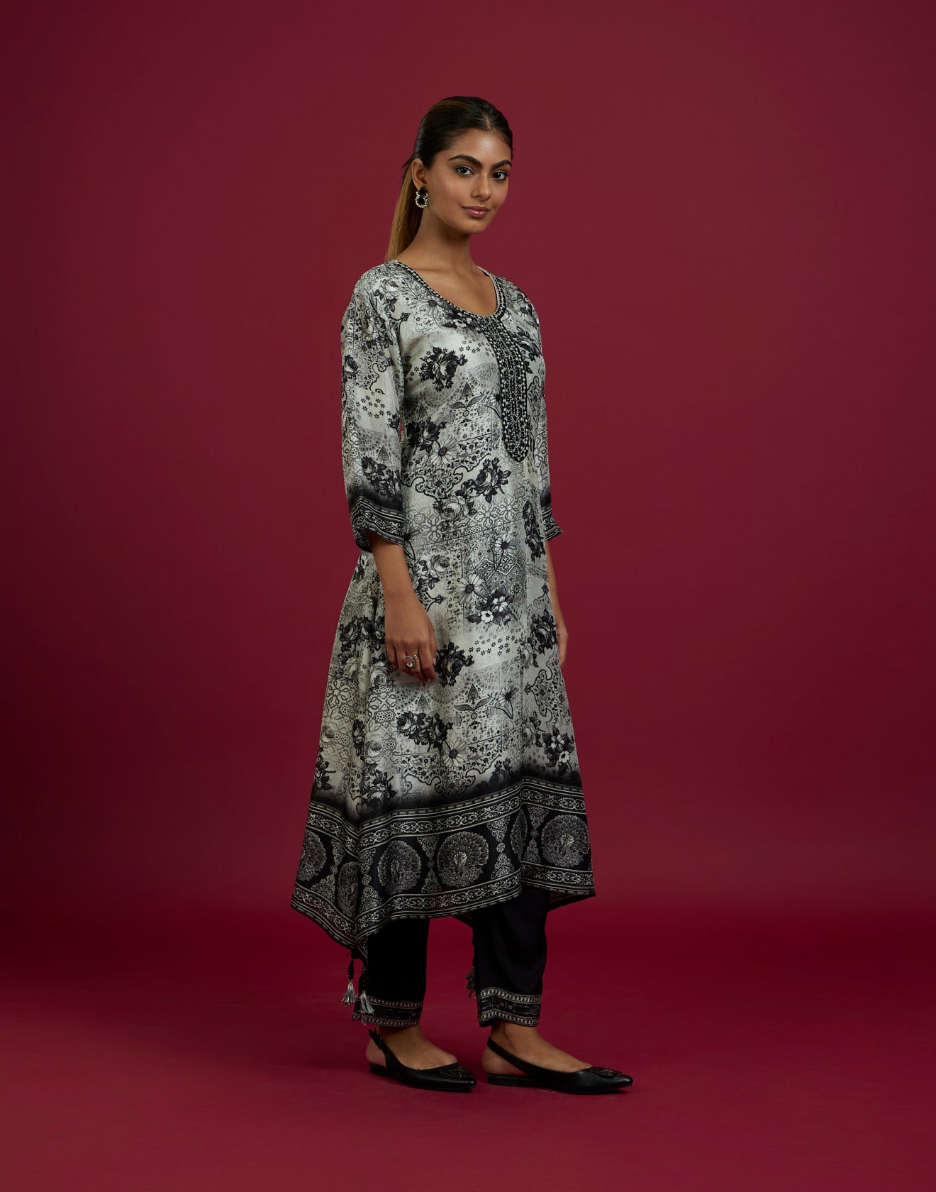 Black And White Printed With Peacock Motif Kurta Set