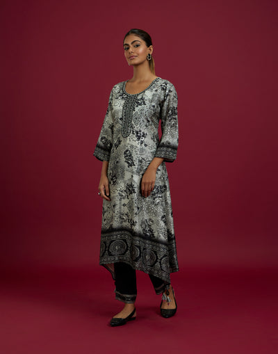 Black And White Printed With Peacock Motif Kurta Set