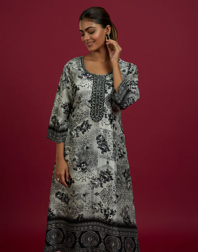 Black And White Printed With Peacock Motif Kurta Set