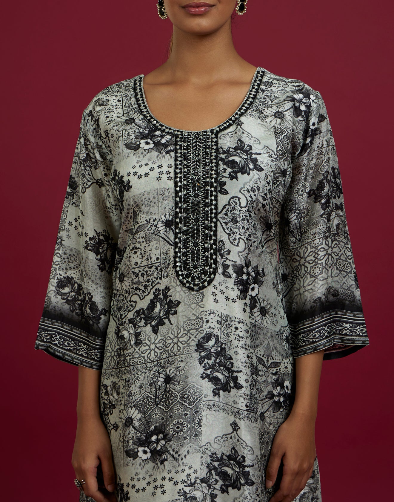 Black And White Printed With Peacock Motif Kurta Set