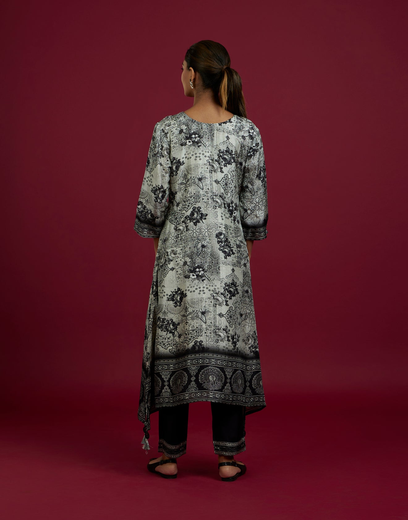 Black And White Printed With Peacock Motif Kurta Set