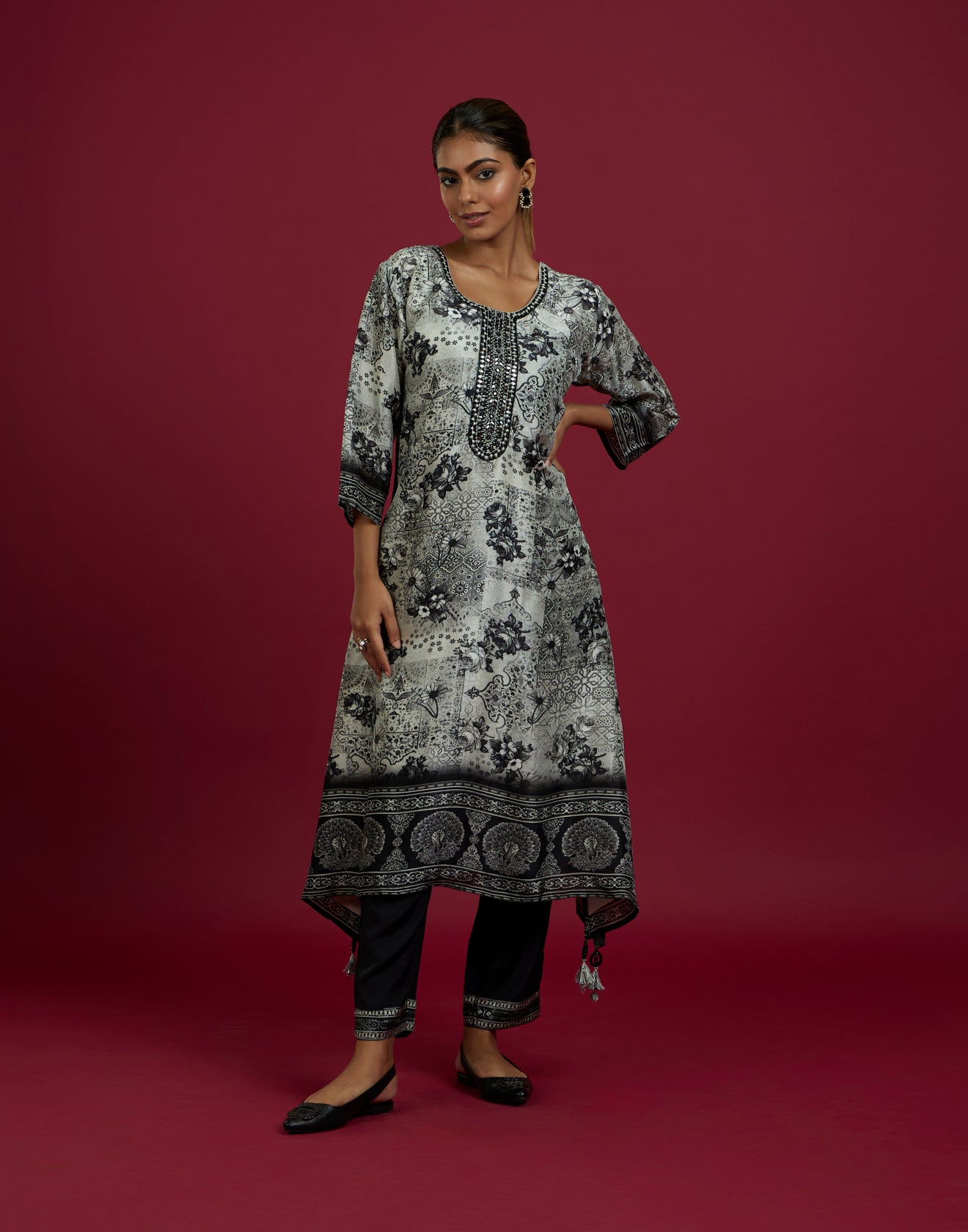 Black And White Printed With Peacock Motif Kurta Set