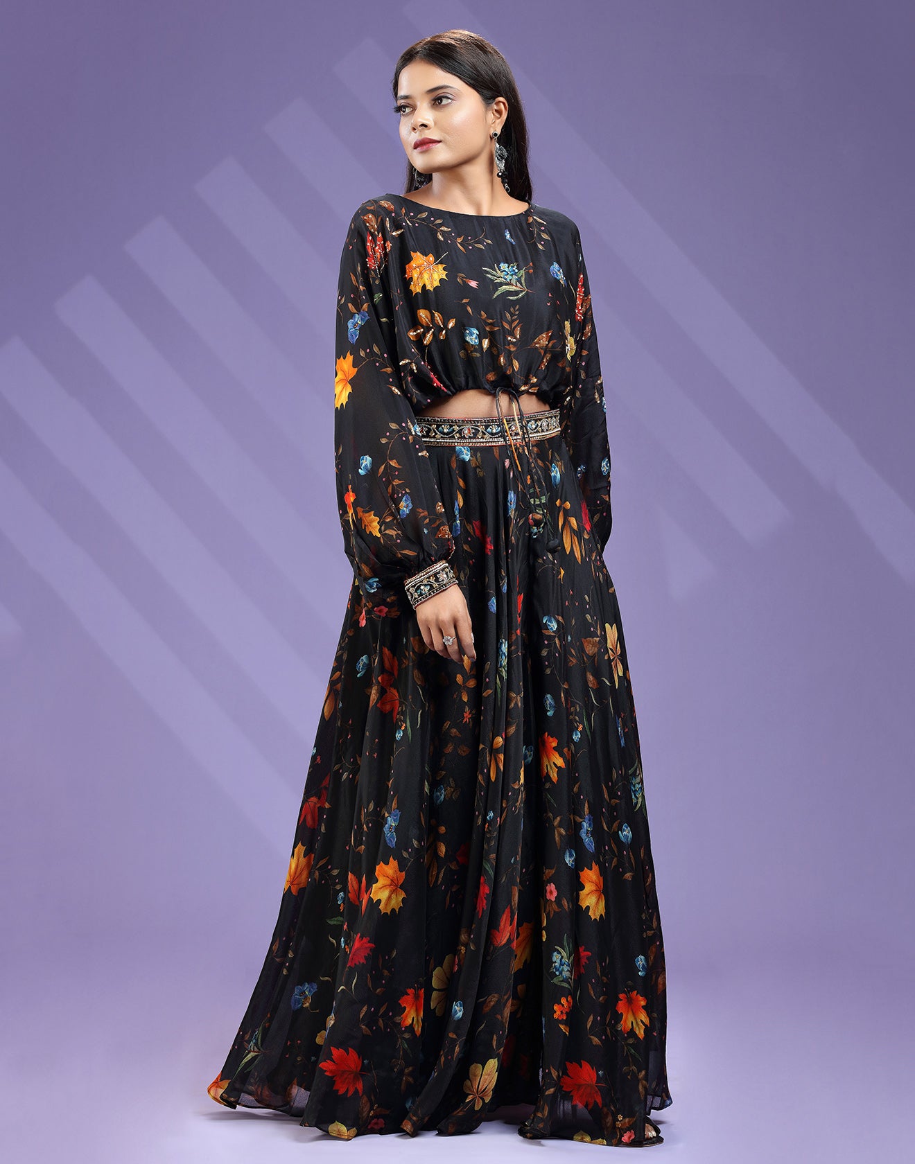 Black Floral Print Blouse And Lehenga With Balloon Sleeves