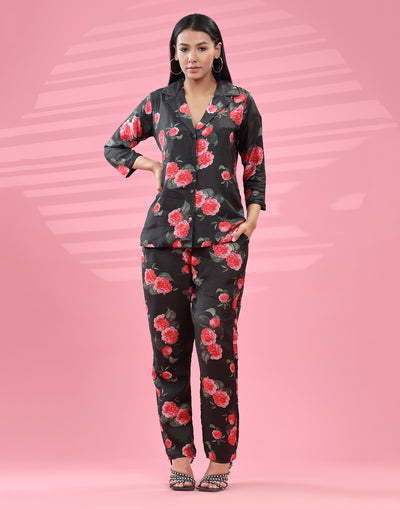 Black Floral Printed Fusion Co-ord Set