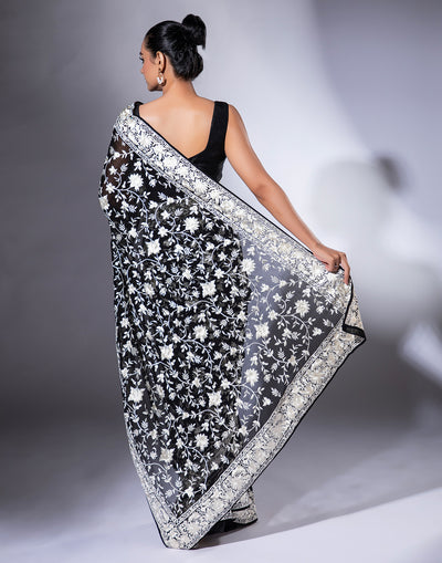 Black Embroidered Saree In White Resham Thread Work