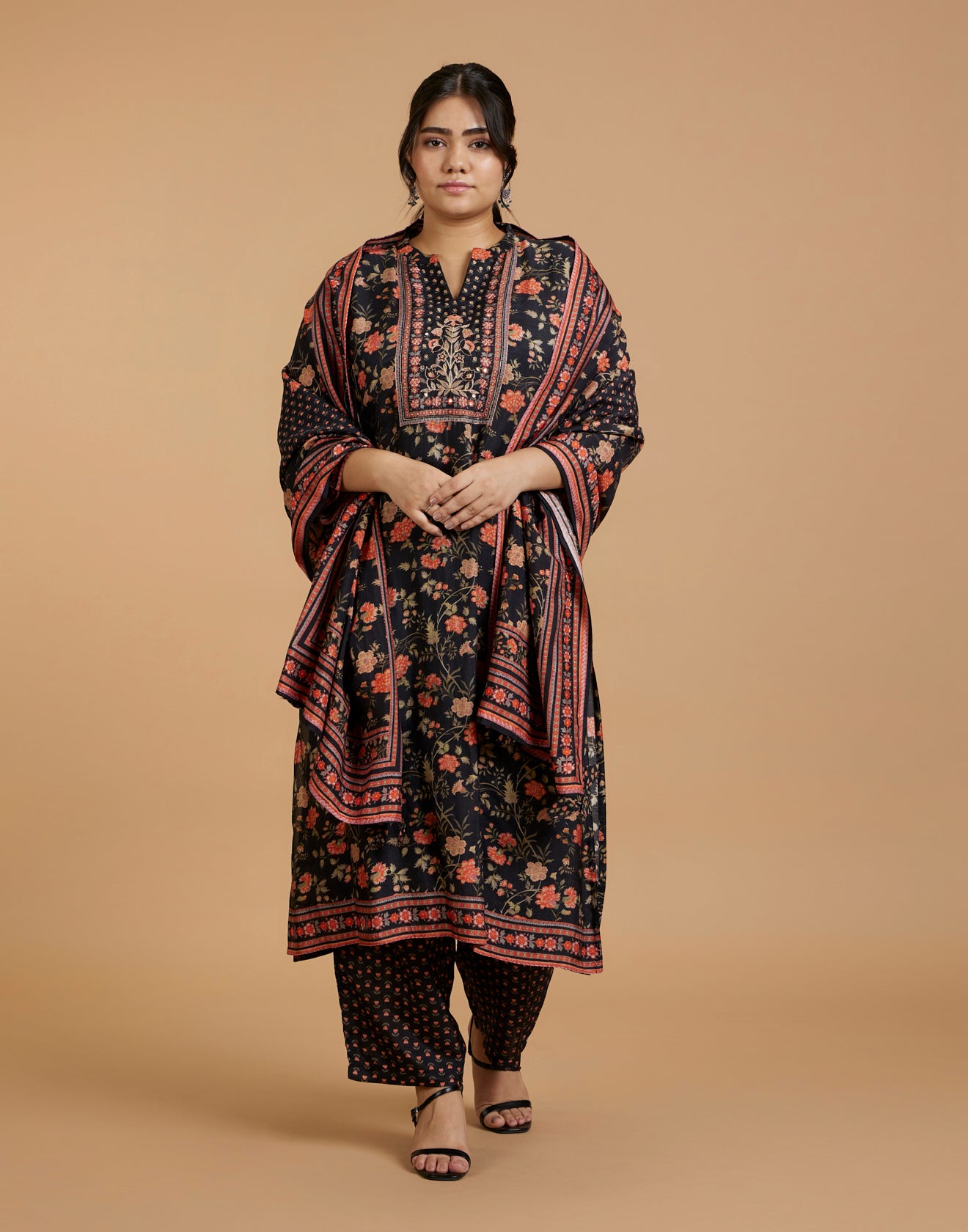 Black With Vibrant Multi Hue Kalamkari Printed Silk Kurta Set