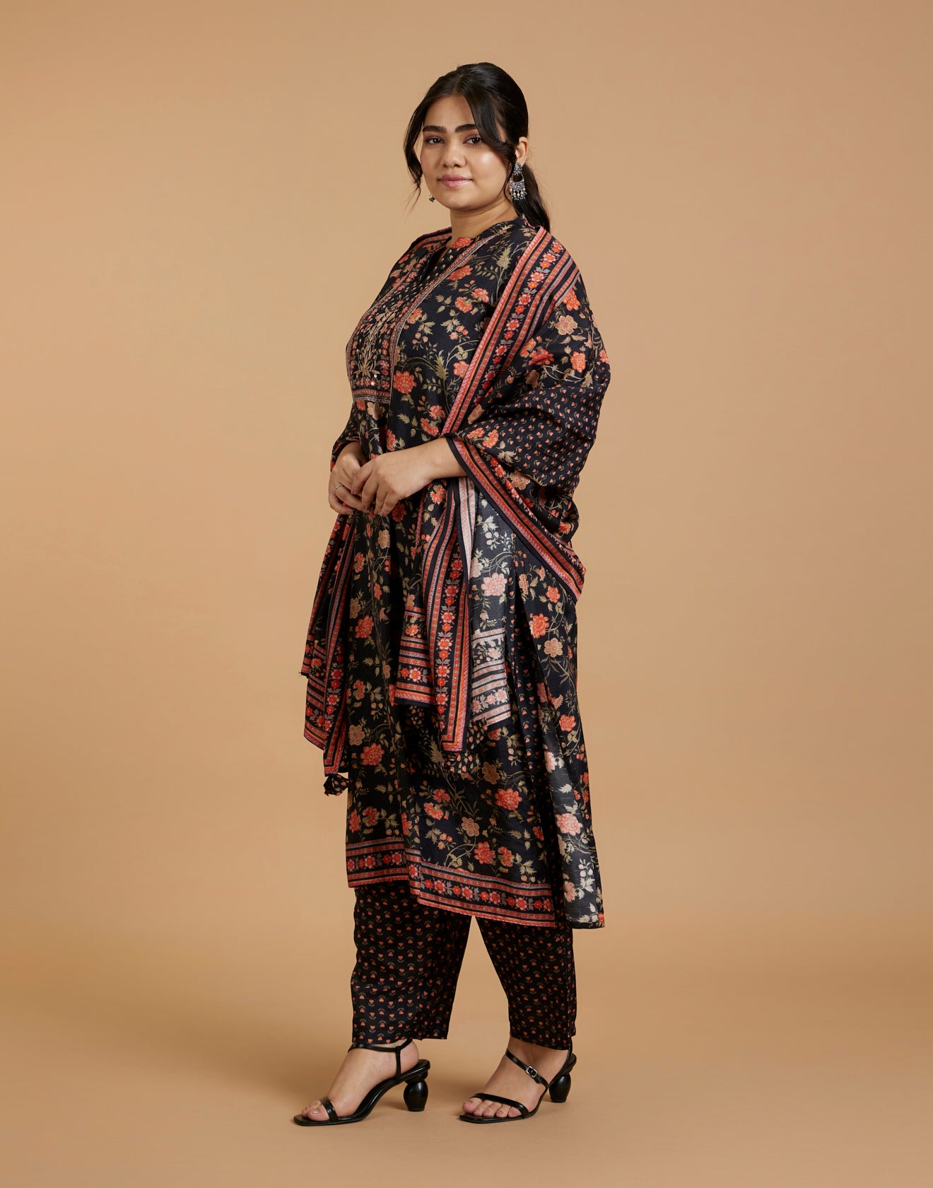 Black With Vibrant Multi Hue Kalamkari Printed Silk Kurta Set