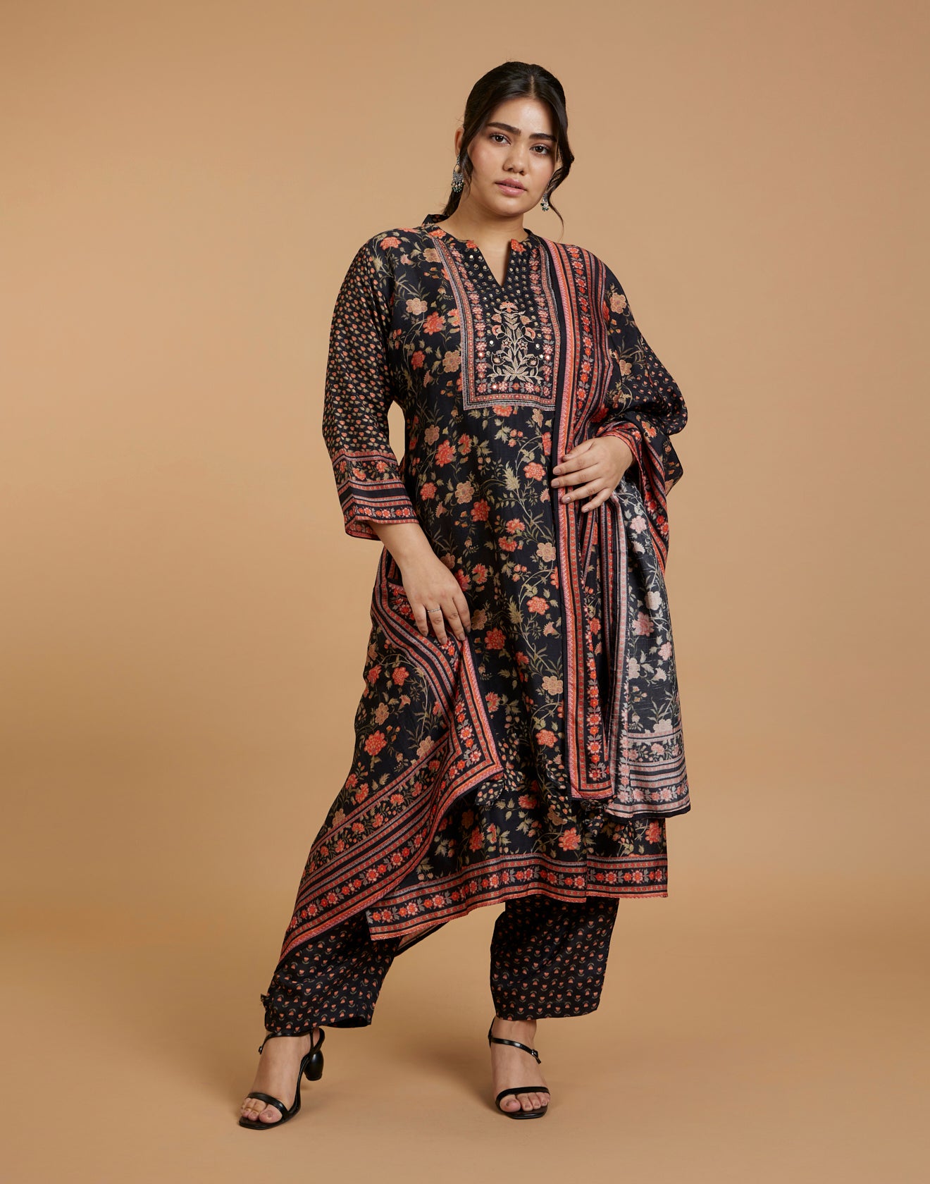 Black With Vibrant Multi Hue Kalamkari Printed Silk Kurta Set