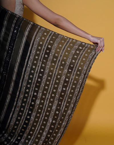 Black And Antique Gold Stripped Embellished Saree