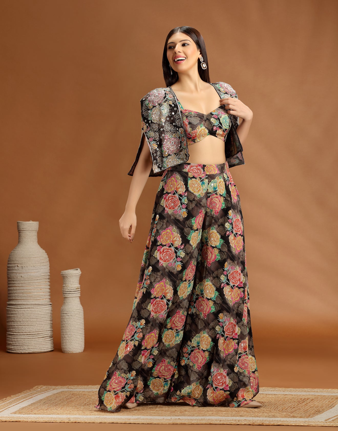 Black Gardenia Floral Printed Fusion Set