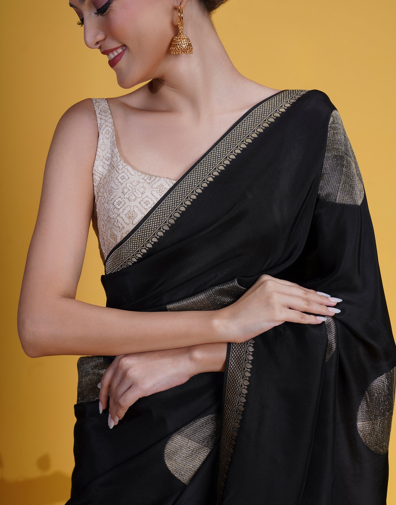 Black Saree In Retro Polka Weave