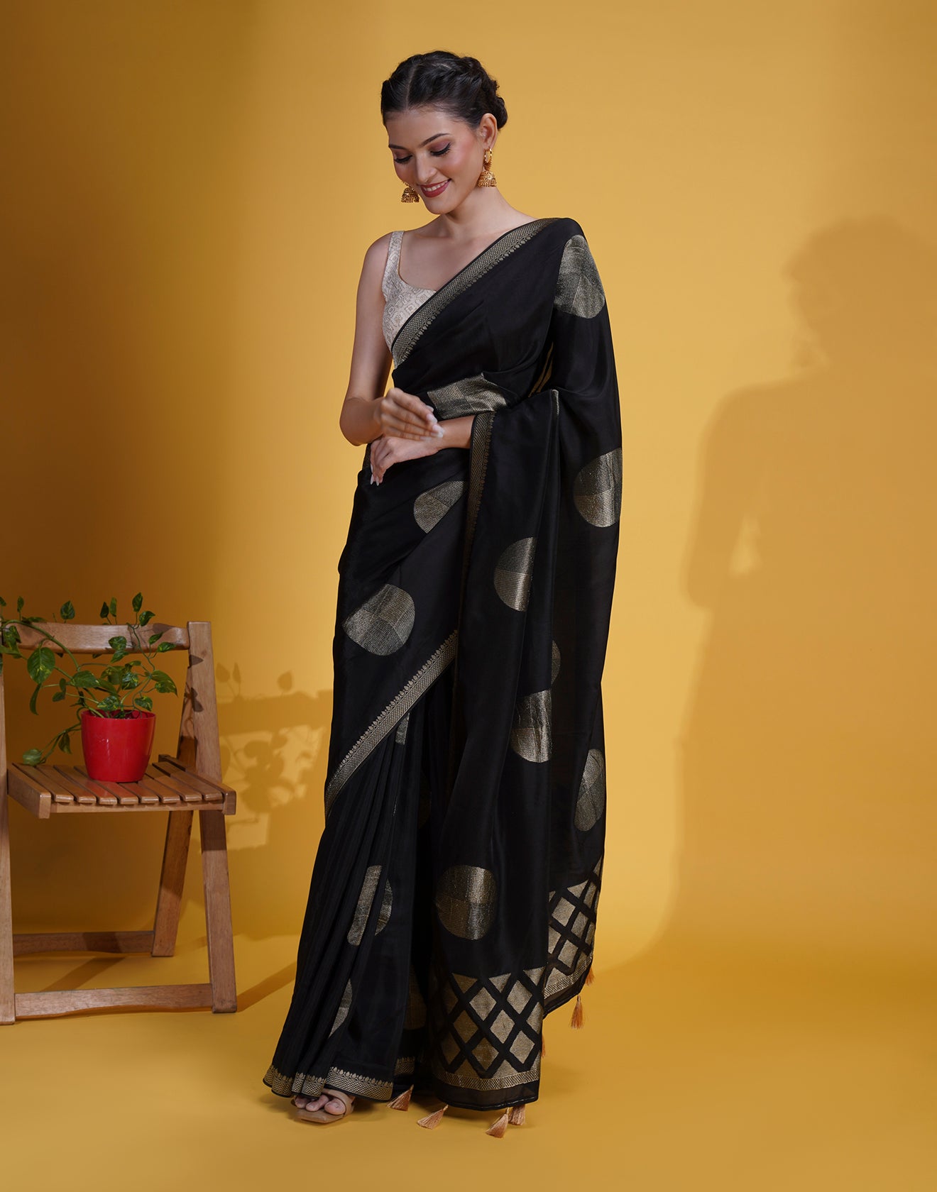 Black Saree In Retro Polka Weave