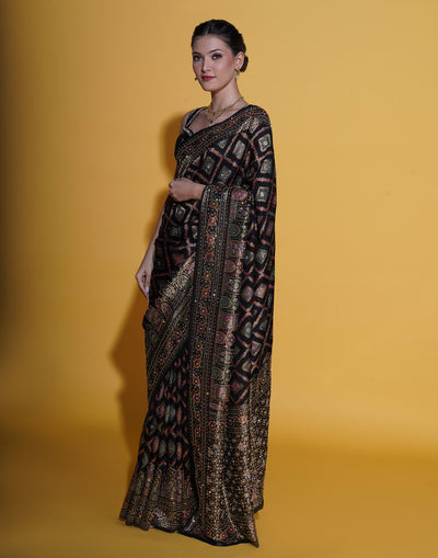 Black With Multicolor Bandhej Festive Silk Saree