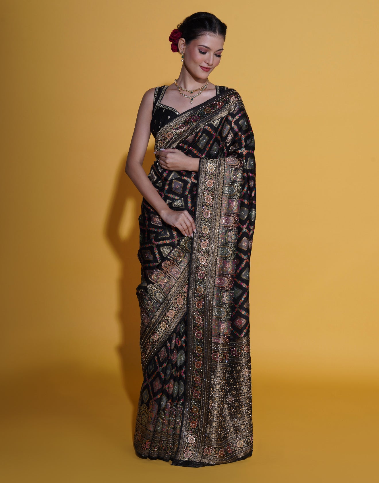 Black With Multicolor Bandhej Festive Silk Saree