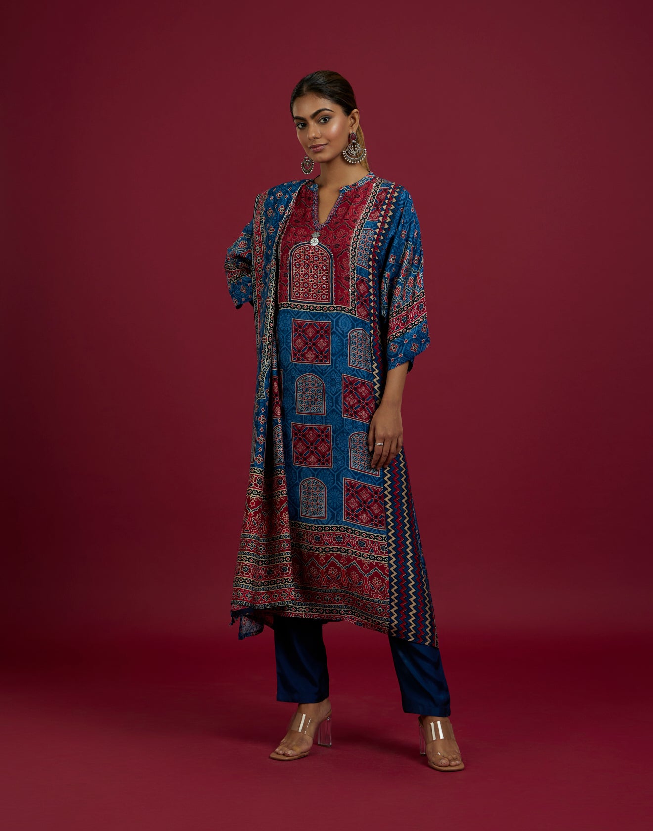 Blue & Red Block Print A-LIne Kurta Set