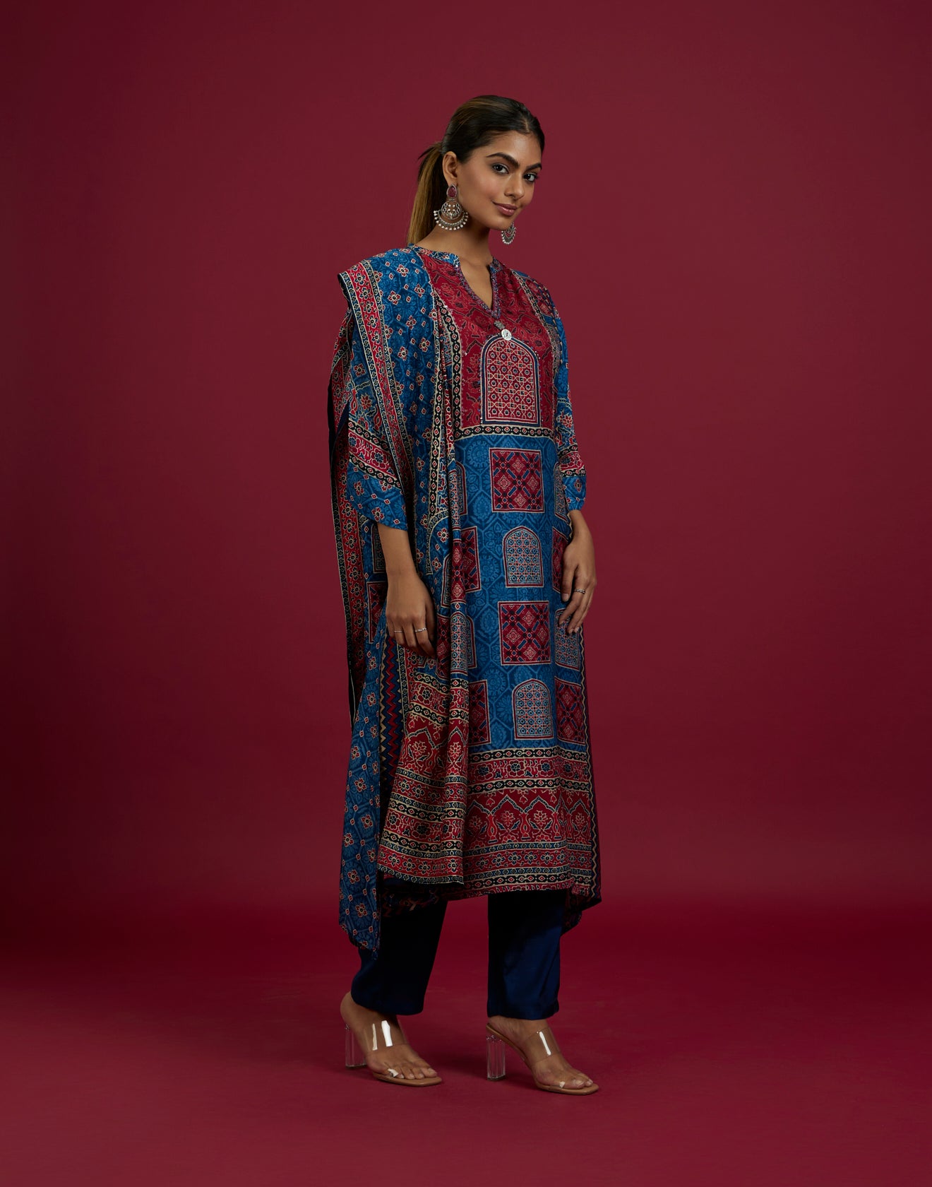 Blue & Red Block Print A-LIne Kurta Set