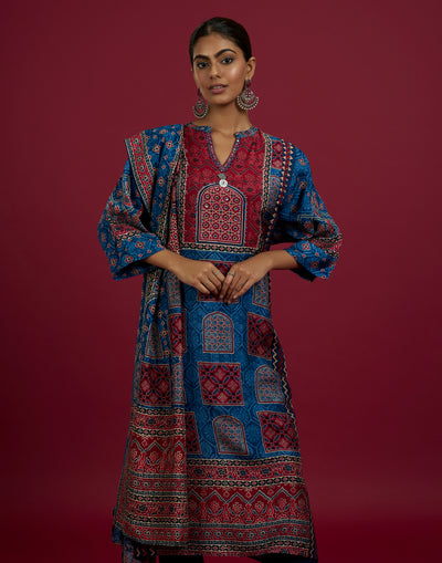 Blue & Red Block Print A-LIne Kurta Set