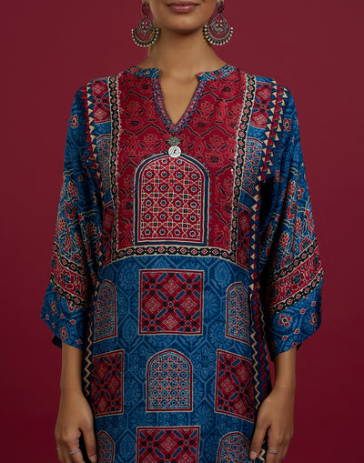 Blue & Red Block Print A-LIne Kurta Set