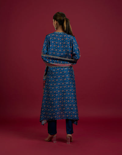 Blue & Red Block Print A-LIne Kurta Set