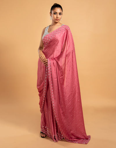 Blush Pink Pearl Smooth Embellished Satin Saree