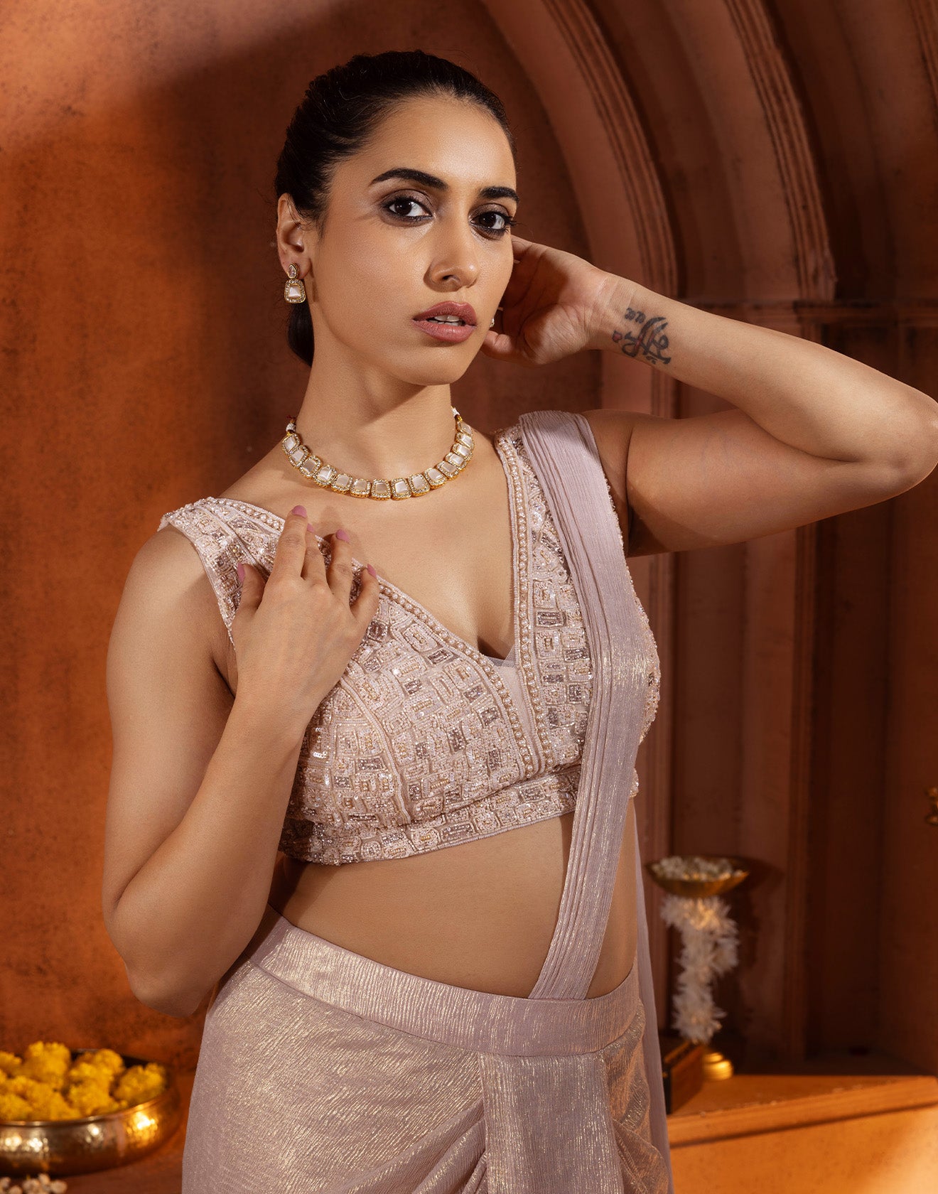 Blush Pink Shimmy Glam Pre-Stitched Saree