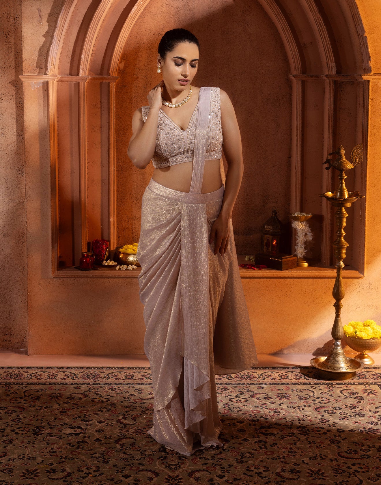 Blush Pink Shimmy Glam Pre-Stitched Saree