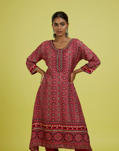 Brick Red Ethnic Print Kurta Set