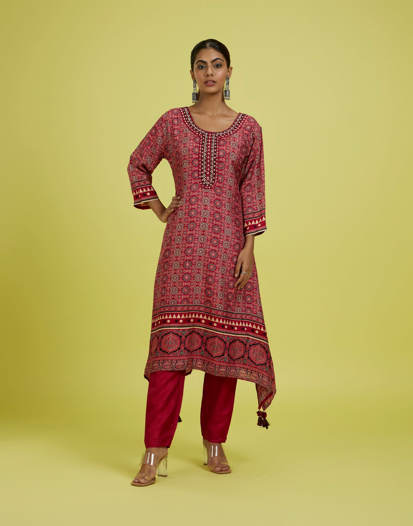 Brick Red Ethnic Print Kurta Set