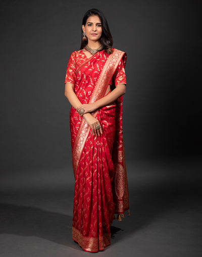 Bright Red Saree In Dola Silk With Floral Buttas