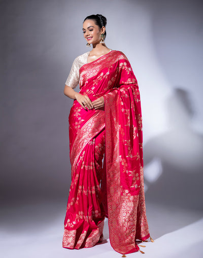 Bright Red Woven Saree In Golden Weave