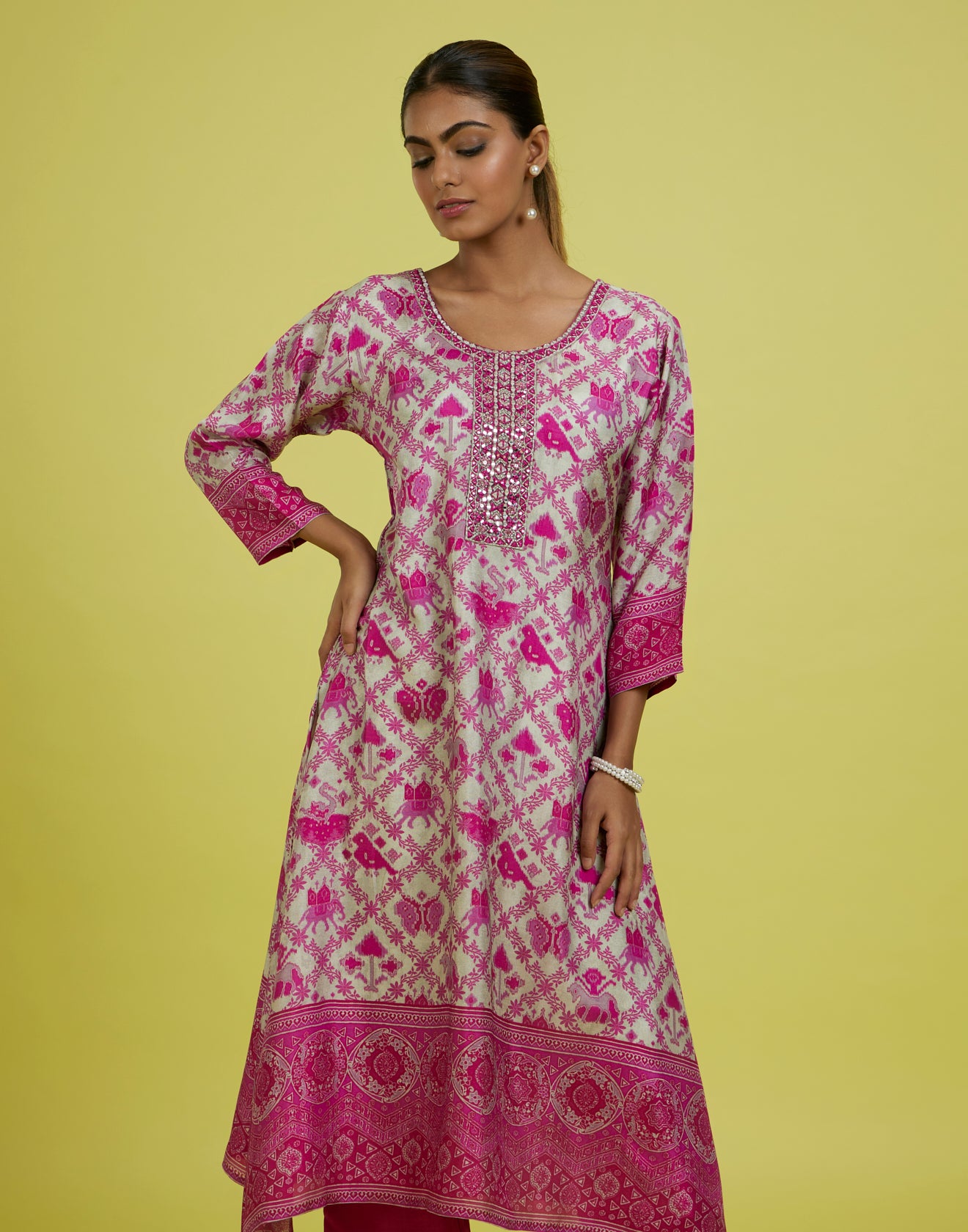 Candy Pink Patola Printed Silk Kurta Set