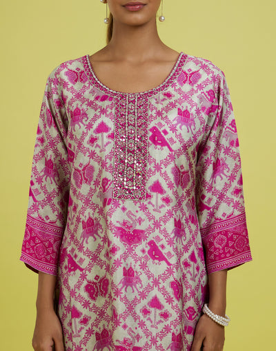 Candy Pink Patola Printed Silk Kurta Set