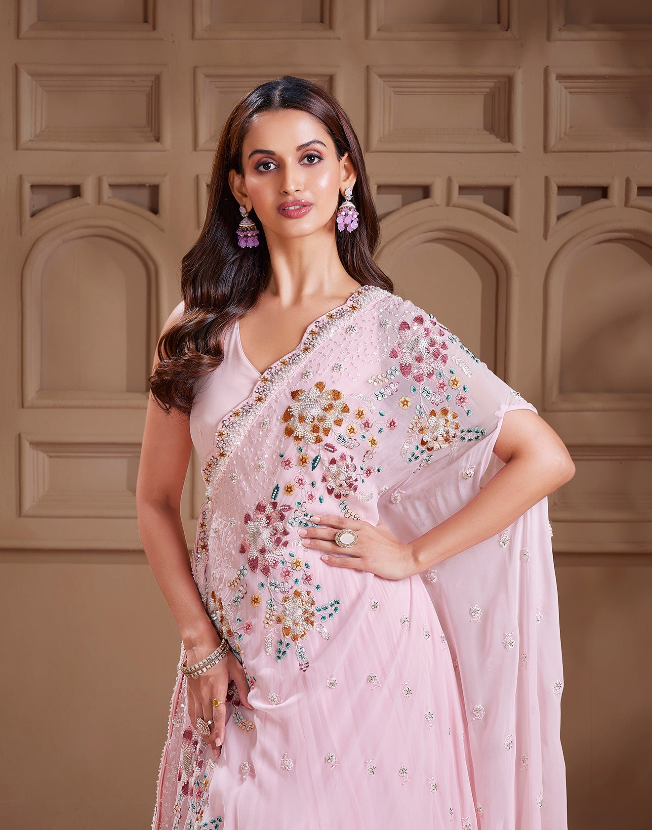 Carnation Pink Off-Shoulder Cape Lehenga Set