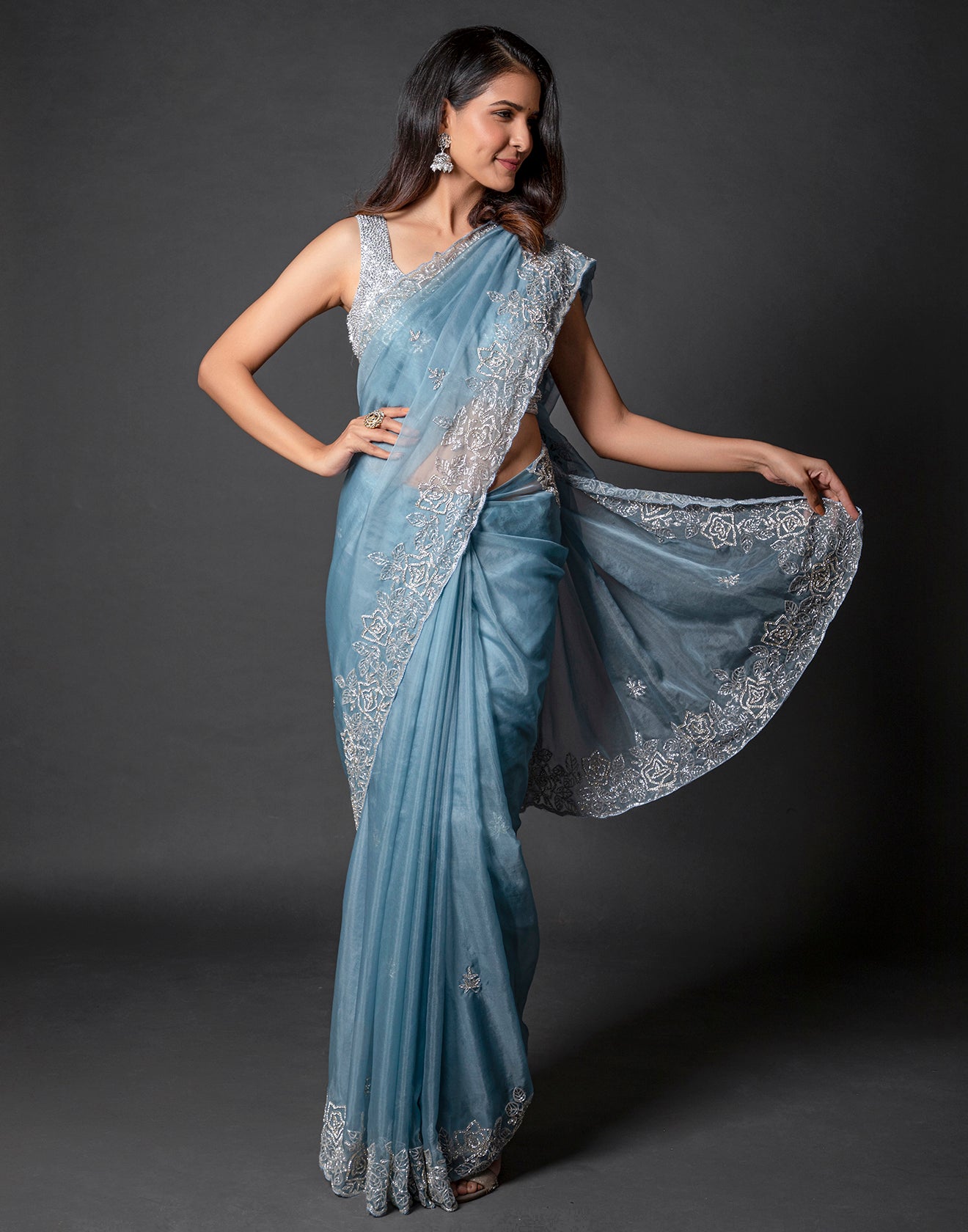 Carolina Blue Saree With Cutwork Detailing
