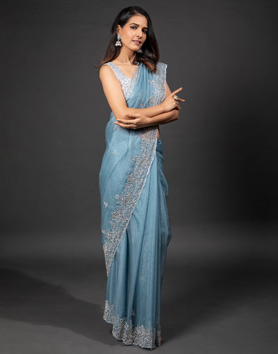 Carolina Blue Saree With Cutwork Detailing